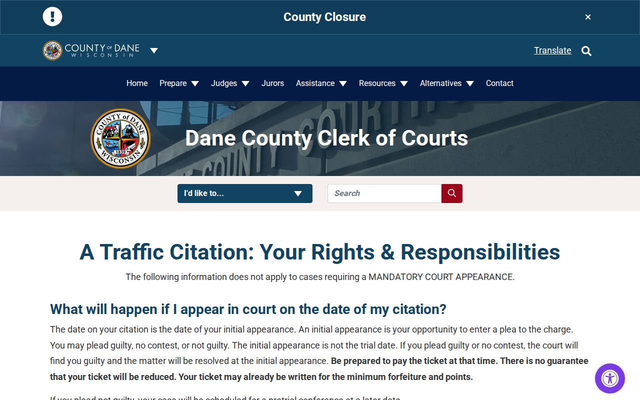 Dane County traffic citation plea and initial appearance instructions