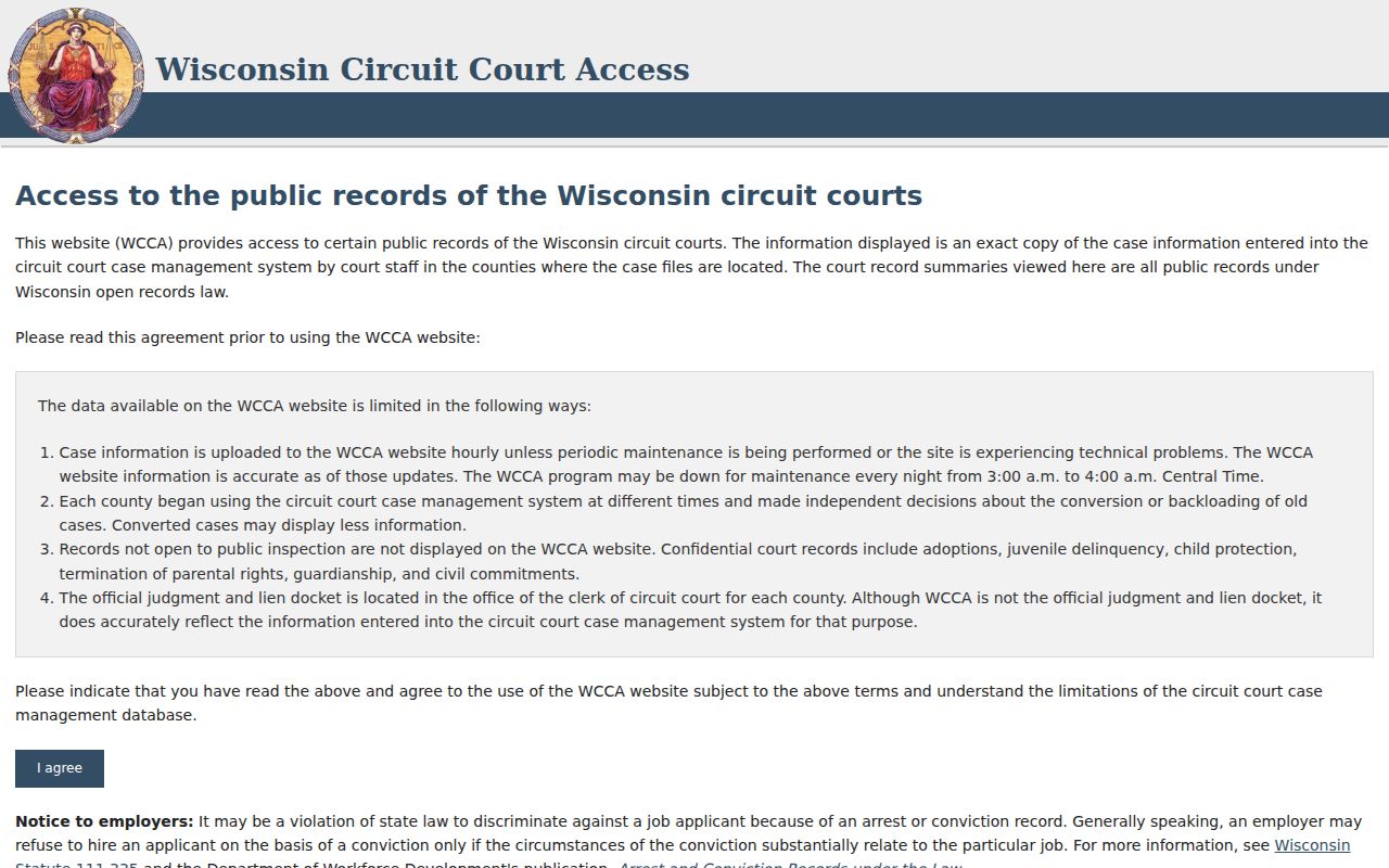 WCCA public access notice for Dane County circuit court case searches