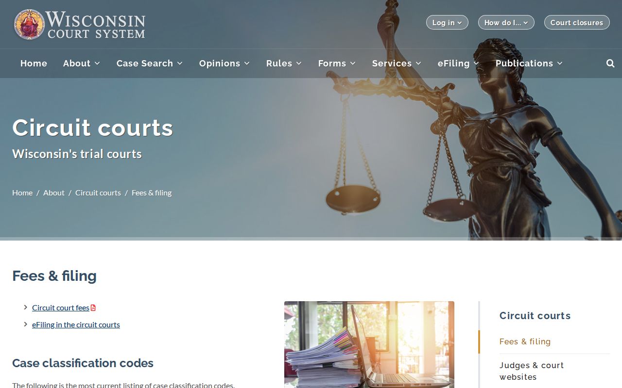 Wisconsin court case classification code tables used for Dane County cases