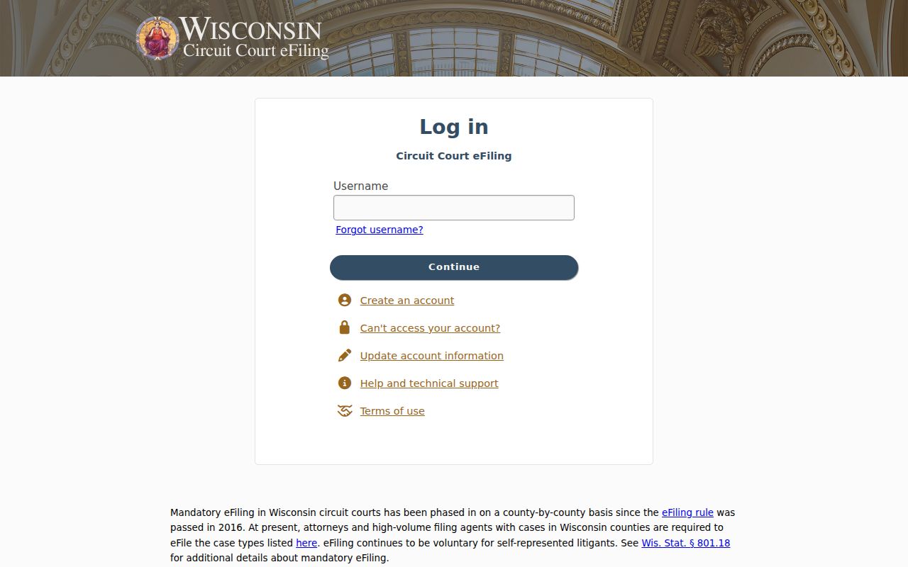 Dane County case lookup separate Wisconsin circuit eFiling login