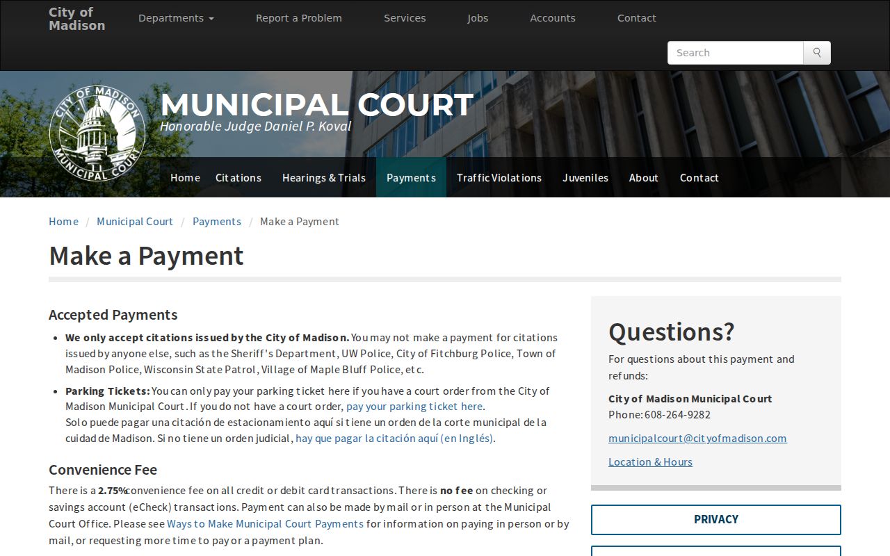 Madison Municipal Court citation number payment search fields