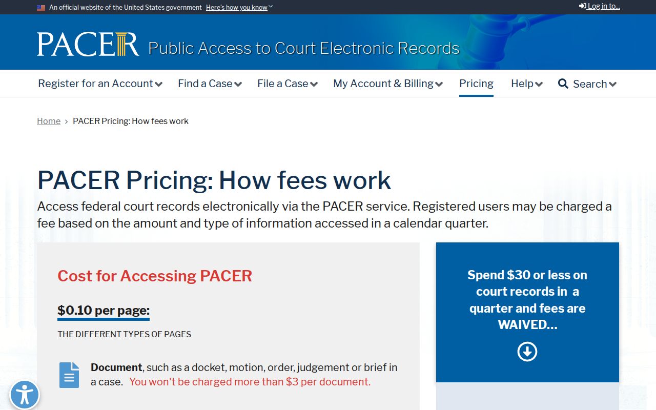 Dane County court docket federal PACER fee and waiver information
