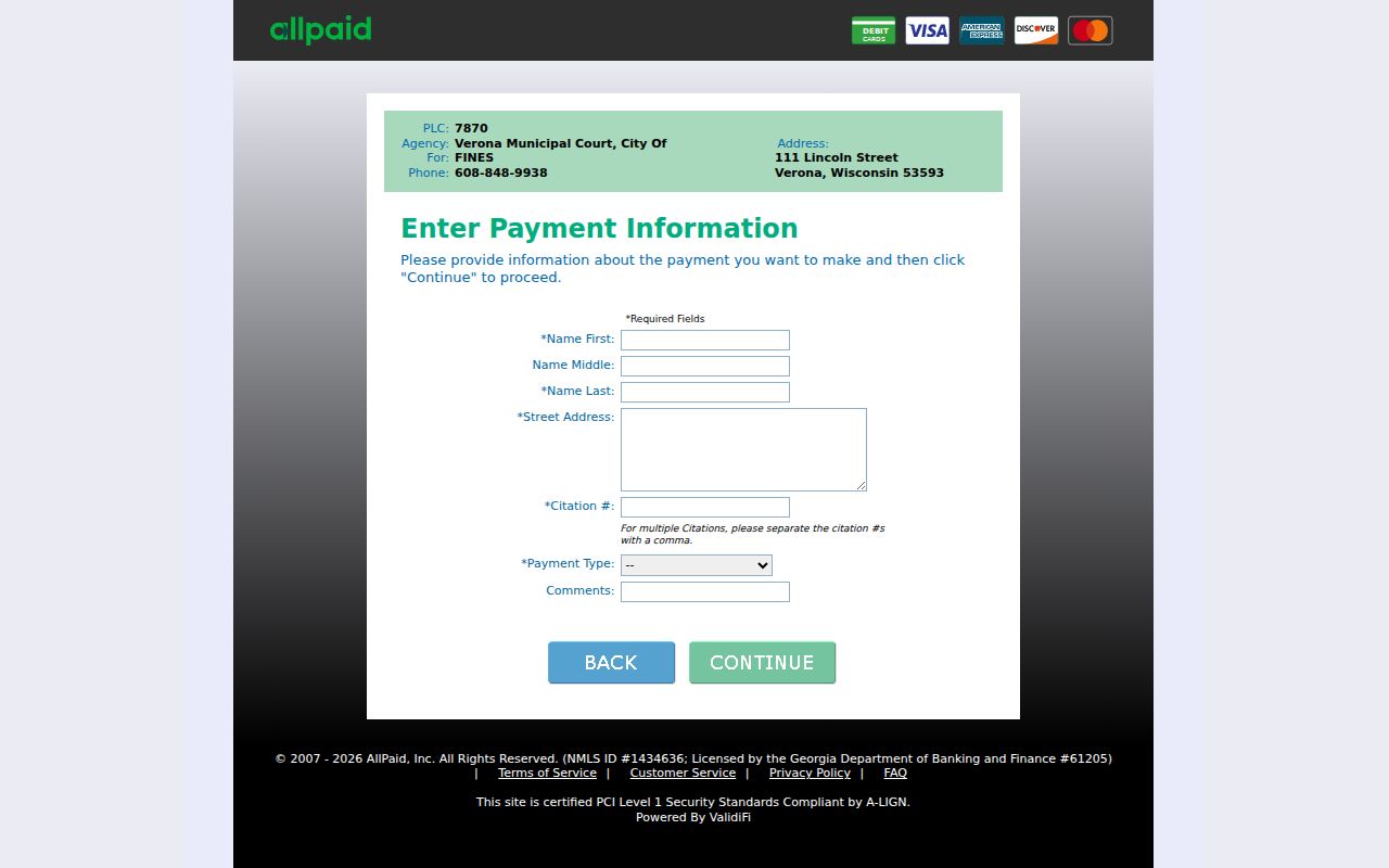 Verona court docket GovPay citation payment fields