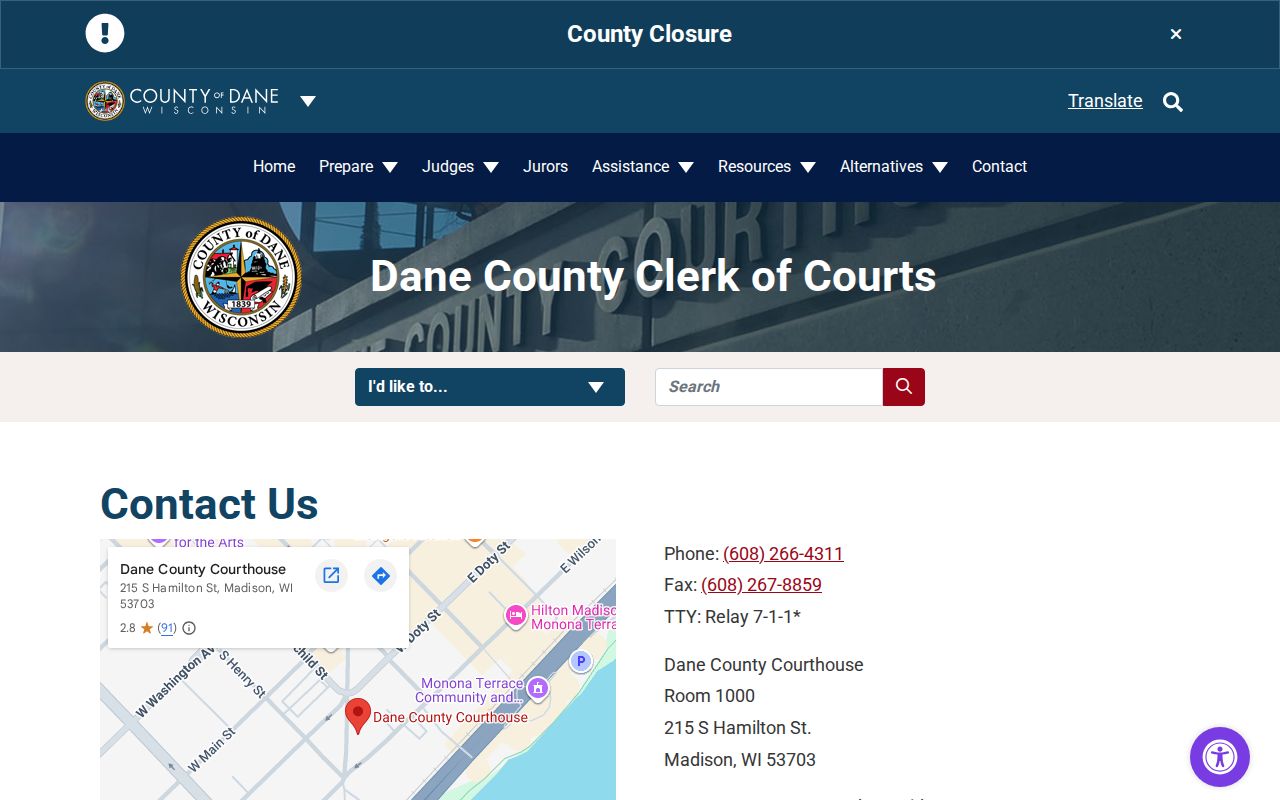 Dane County Clerk contact directory with Record Center details